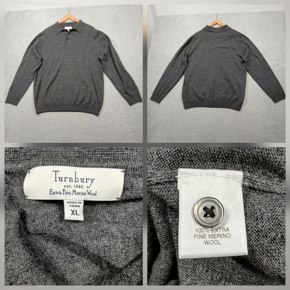 Turnbury‎ Merino Wool Polo Sweater Men's XL Gray Long Sleeve